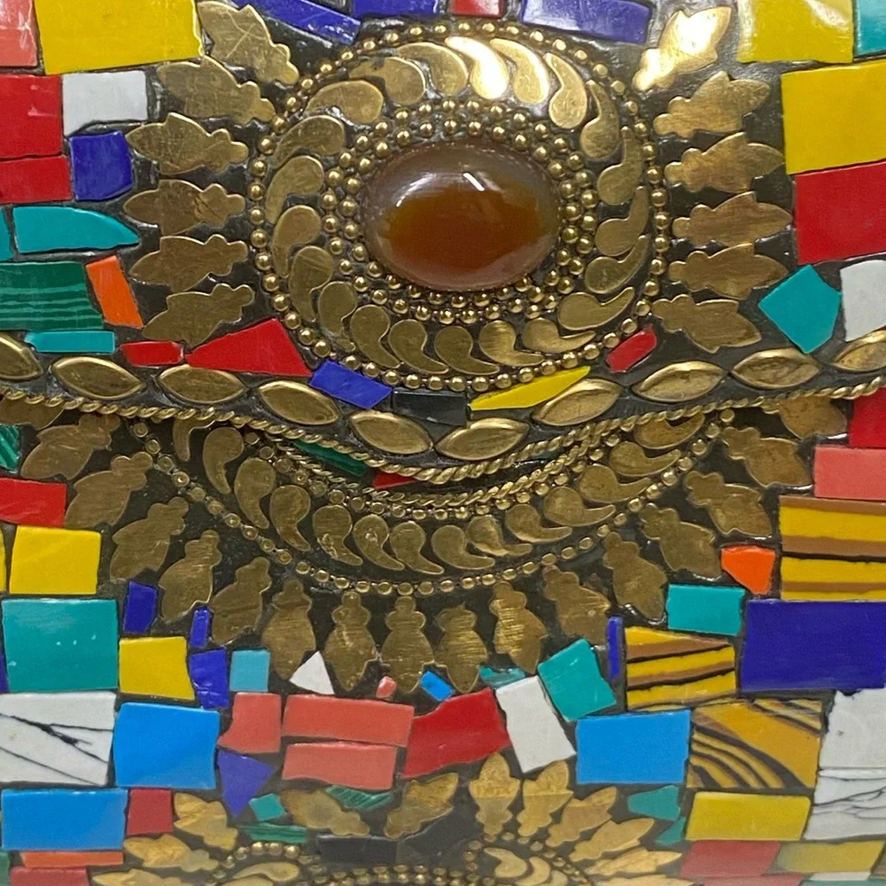 Clutch Crossbody Handcrafted Mosaic Stone Tiles Bag Chain Ornate Metal ANTIQUE - Picture 6 of 15